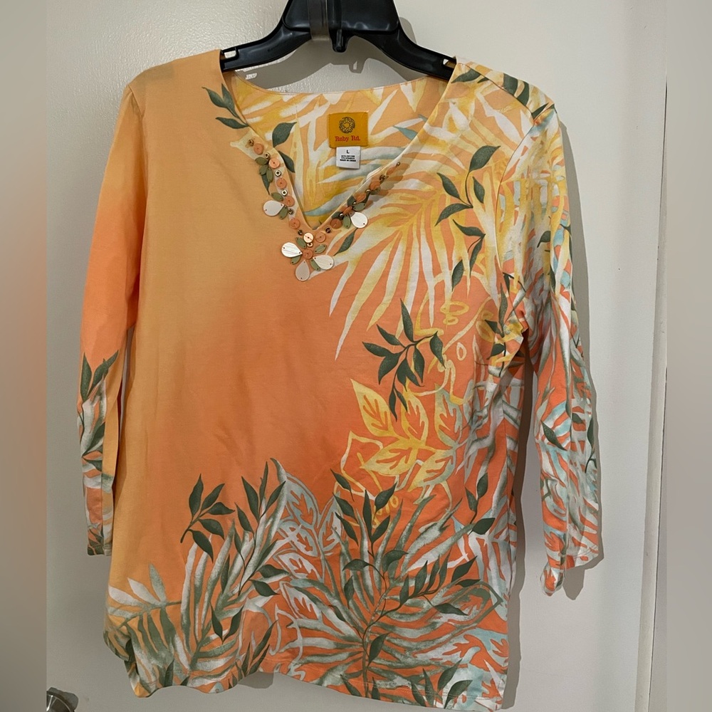 Ruby Rd. Peach and Yellow Floral Top with Embellishments